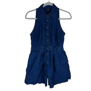 Banana Republic Camp Romper Womens 2 Petite Blue Linen Button Front Tie Waist